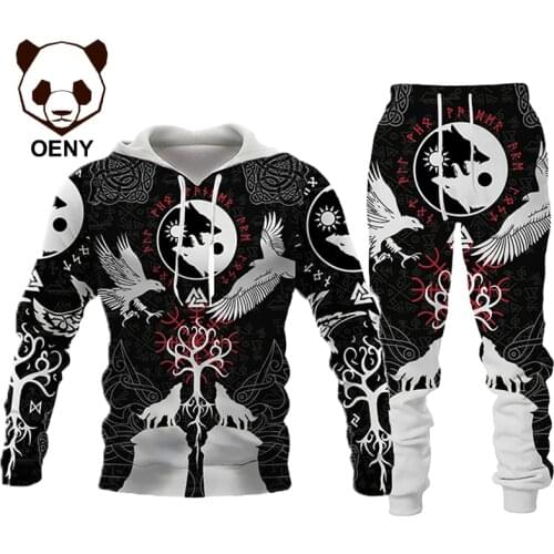Mens Fashion 3D Print Viking Hoodies Sets Cool Street Styles Plus Size Hoodie+Pants Tracksuits Sport Suits
