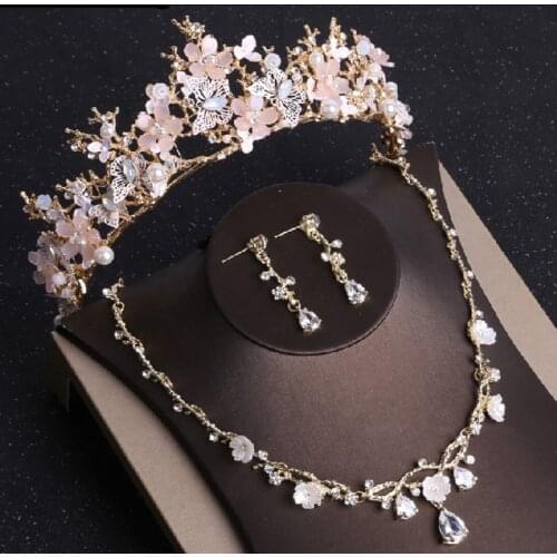 Baroque Gold Butterfly Crystal Costume Jewelry Sets Rhinestone Choker Necklace Earrings Tiara Bridal Women Wedding Jewelry Set