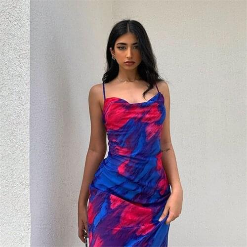 Fashion Print Sleeveless Spaghetti Strap Midi Dress Party Night Club Gown Backless Sundress Elegant Beachwear
