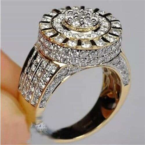 Popular Fashion Golden Color Crystal Zircon Round Ring for Men Engagement Party Wedding Rings Jewelry Accessories Size 6-13