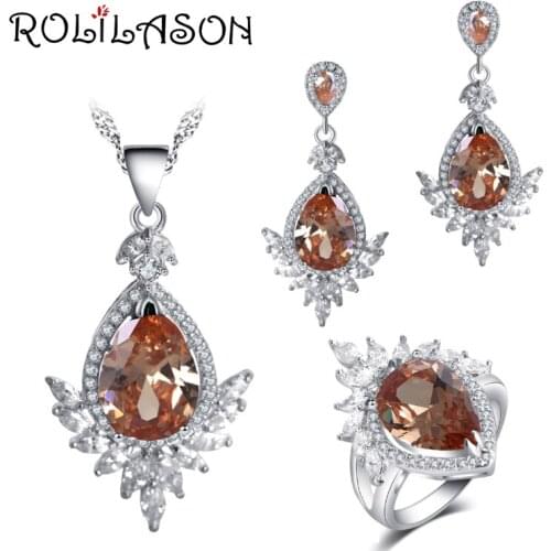 ROLILASON Engagement gift For girlfriend champagne Cubic Zirconia Silver Stamped Earrings Necklace Rings Jewelry Sets JS766