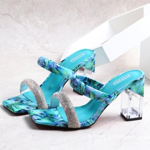 Transparent Heels Shoes Women Slippers Rhinestone Square Toe Ladies Sandals Sexy Summer Slides Fashion Weave Female Footwear