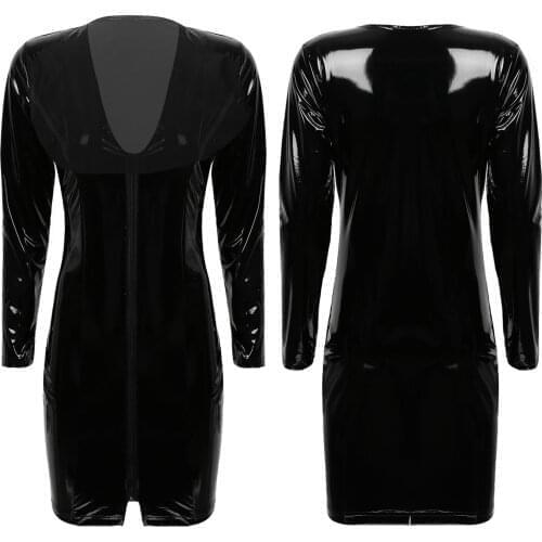 Womens V Neck Bodycon Mini Dress Fashion Ladies Clubwear Costumes Long Sleeve Zipper Cocktail Party Patent Leather Mini Dress