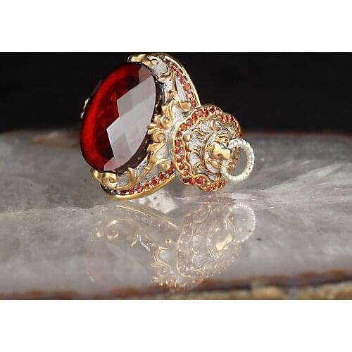 Zircon Gold Plated 925 Silver Traditional Handmade Turkish Ring Luxury Lion Engraving Best Jewelry Gift for Women Men