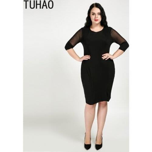 TUHAO Summer 4XL 5XL 6XL Plus Size Women Elegant Mesh Sleeve Dresses Big Large Size Elegant Black Office Evening Party Dress RL
