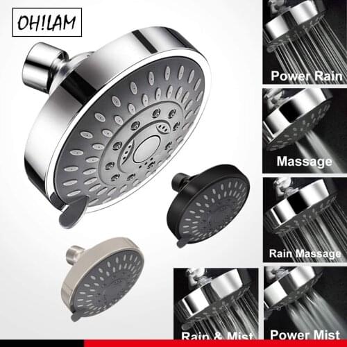 High Pressure Fixed Shower Head 5-Setting Bathroom Showerhead 4 Inch High Flow Shower Head Adjustable Metal Swivel Ball Joint