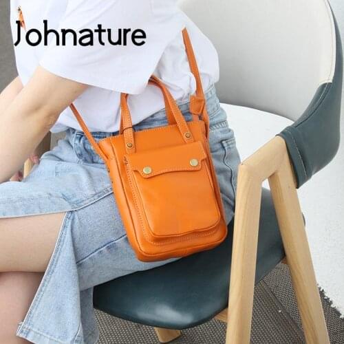 Johnature Leisure Portable Genuine Leather Women Bag 2021 New Simple Solid Color Soft Cowhide Small Shoulder & Crossbody Bags