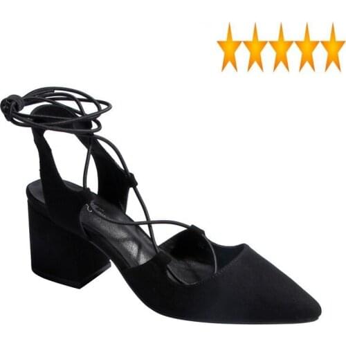 Women Black Sandal Cross Bandage 2021 Summer Leisure Pointed toe Chunky Heels Leather Shoes Sexy OL Roman Sandals