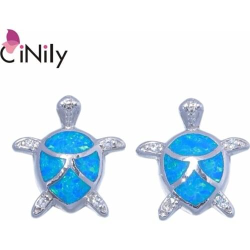 CiNily Created Blue Fire Opal Cubic Zirconia Silver Plated Wholesale Tortoise For Women Jewelry Stud Earrings 13mm OH4478