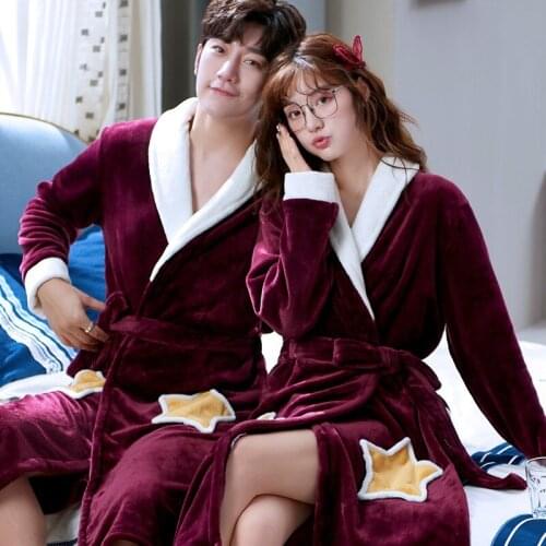 Winter New Kimono Robe Lovers Flannel Homewear Bathrobe Gown Big Size Burgundy Coral Fleece Casual Nightwear Intimate Lingerie