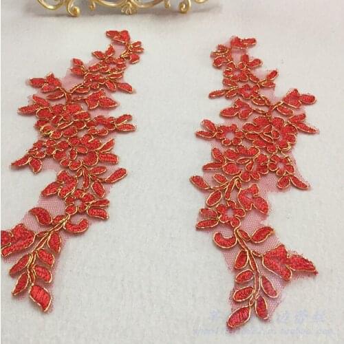 10pc=5 pair) Red Gold Edge Embroidered lace Applique Wedding Dress Accessories DIY Sew Cloth lace Decorative patch 25X 8cm