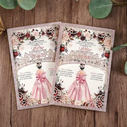 100pcs Rose Gold Laser Cut Invitations Pocket Glitter Shining Quinceanera Invitations with Envelope