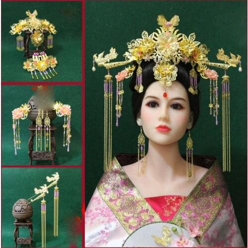 A231 4 Wearing Ways Traditional Chinese Hair Tiara Long Tassel Phoenix Tiara for Bride Wedding or TV Play Drama Photography