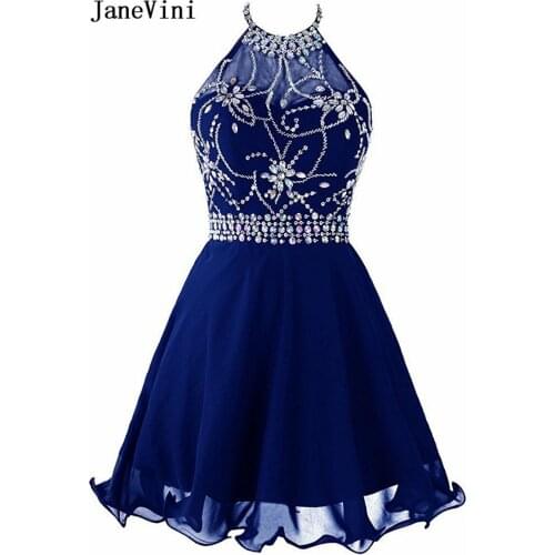 JaneVini Sparkle Royal Blue Short Prom Dresses 2019 Halter Sleeveless Crystal Beaded Backless A Line Mini Party Gowns for Women