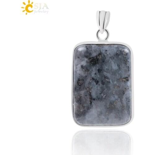CSJA Rectangle Natural Gem Stone Necklaces Pendants for Mens Reiki Healing Spectrolite Labradorite Black Onyx Bead Jewelry F050
