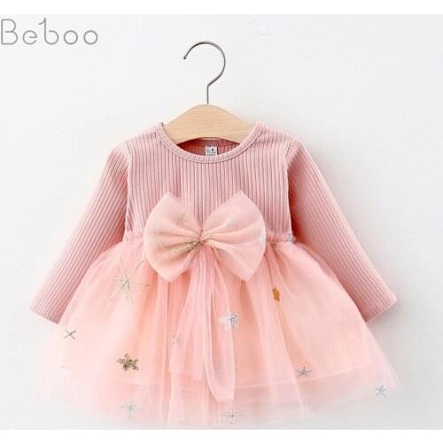Childrens Wear Baby Girls Clothes Dresses Spring And Autumn New Solid Color Princess Style Dress Korean Long Sleeve Bow Dress