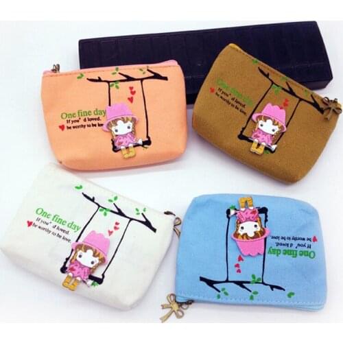 Children Girl Swinging Creative Canvas Purse Kids Wallet Kawaii Bag Change Pouch Key Holder Clip Small Coin Bag Girl Pattern