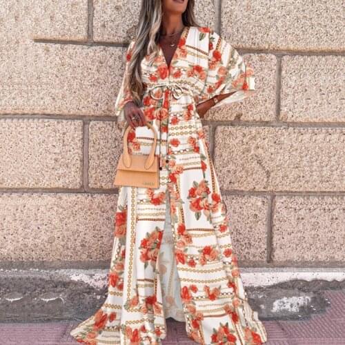 Elegant Bohemian V-Neck Long Sleeve Women Dress Fashion Printed Single Breasted Slipt Party Dress Vintage Femme Beach Vestidos