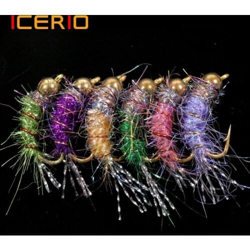 ICERIO 6PCS Brass Bead Head Rainbow Nymph Caddis Trout Fishing Fly Lures #12