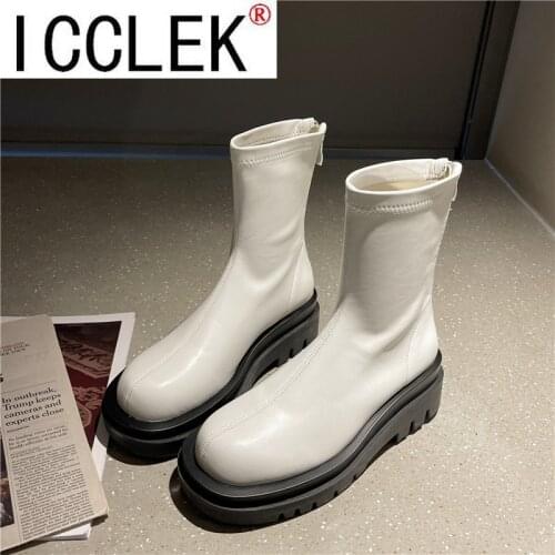 Classic Chelsea Boots Women Platform Chunky Sole Mid Calf Booties Slip on Autumn Winter BV Shoes White Leather Boots