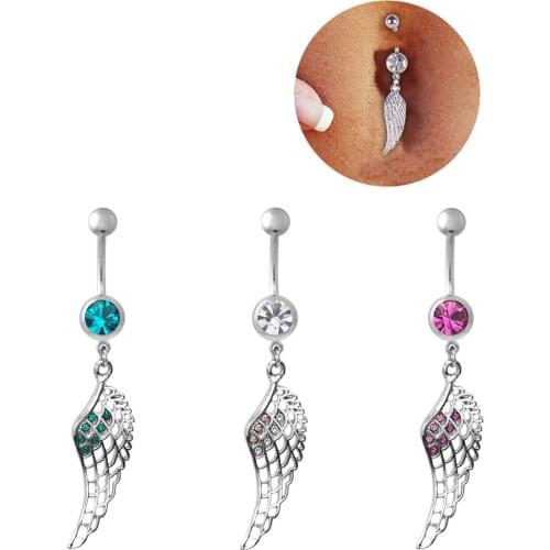 1Pc Trendy Dangle Bar Navel Belly Ring With Crystal & Feather Shape Pendants for Women Girls Feather Piercing Body Jewelry