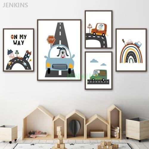 Cartoon Wall Art Canvas Painting Nursery Baby Car Track Nordic Posters And Prints Wall Pictures For Kids Room Bedroom Home Jenki