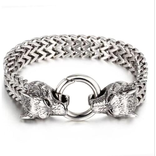 Stainless Steel Bracelet for Mens Retro Punk Nordic Viking Wolf Head Bracelet Mesh Chain Silver Color Rock Cycling Jewelry Gift