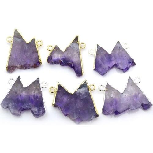 Natural Amethysts Slice Pendant Purple Mountain Shape Quartz Double Hoops connector Gold Silvers color Plated Amethysts charm