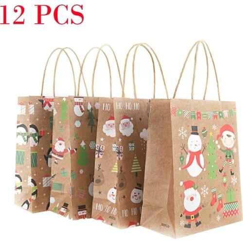 12pcs/lot Christmas Kraft Paper Handbag Holiday Element Pattern Strong Bearing High Capacity Creative Gift Accessories