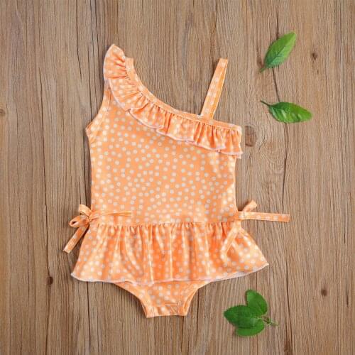 Polka Dot Printed Ruffle One Piece Swimsuit Kids Baby Girl Swimwear Summer Sleeveless Slant Collar Flouncing Sling Beach Bathing