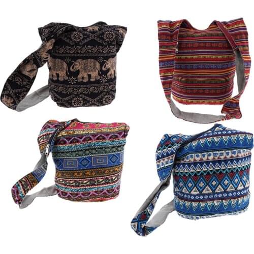 Handmade Zipper Messenger Shoulder Bag Travel Shopping Tote Bag Highlighted Bohemian Hippie Crossbody Bag Cotton Hobo Sling Bag