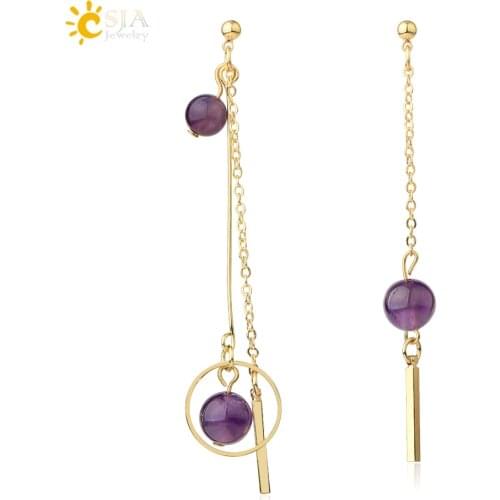 CSJA Link Chain Stud Earrings Natural Stone Reiki Crystal Round Bead Gold-color Metal Tassel Earrings Fashion Women Jewelry G490
