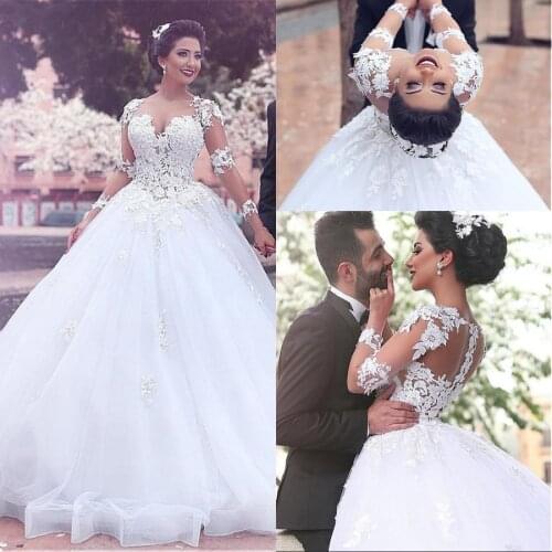 Junoesque Tulle Bateau Neckline Ball Gown Wedding Dresses Long Sleeves With Lace Appliques vestido de noiva princesa Bride Dress