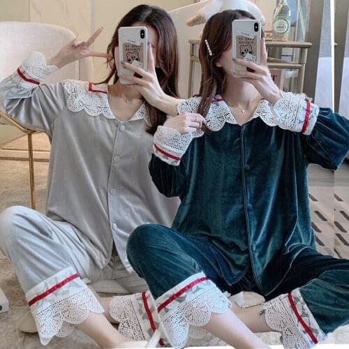 2020 Autumn Winter Long Sleeve Thick Warm Gold Velvet Pajama Sets Women Cute Lace Sleepwear Pyjama Homewear Pijama Mujer Clothes