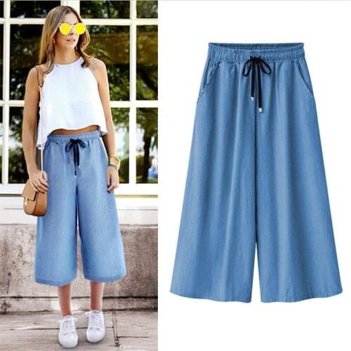 Jeans Denims New 2020 Blue ELastic Waist Wide Leg Pants Large Size 5XL 6XL 7XL Loose Pants Summer Cool Cropped Trousers Women