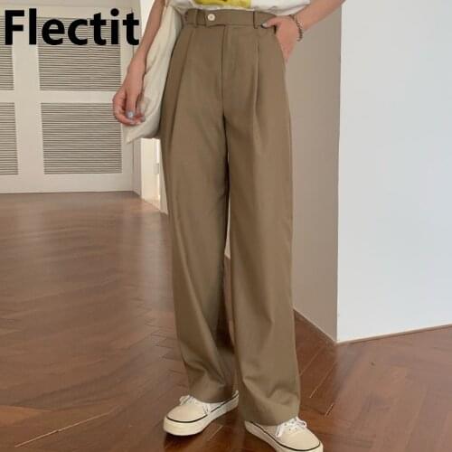 Flectit Baggy Pants Women High Waist Classic Straight Leg Front Pleats Full Length Trousers Spring Summer 2021