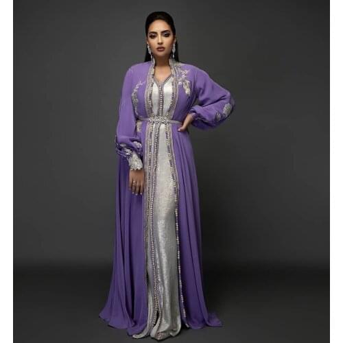 Purple Elegant Moroccan Caftan Evening Dress V-Neck Summer Dress Long Sleeves Special Occasion Saudi Arabia Prom Dresses