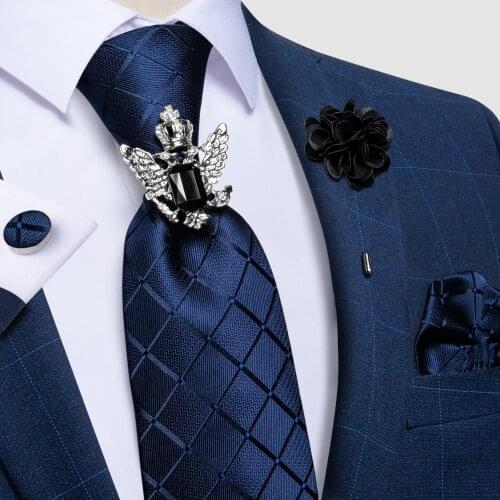 Blue Plaid Striped Ties For Men Luxury Mens Tie Set Pocket Square Cufflinks Business Wedding Neck Tie buckle hoop DiBanGu