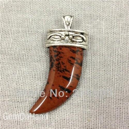 H-SP13 Brown red Jaspers Tibetan Horn Pendant Silver Cap and Bail Tusk Boho Look