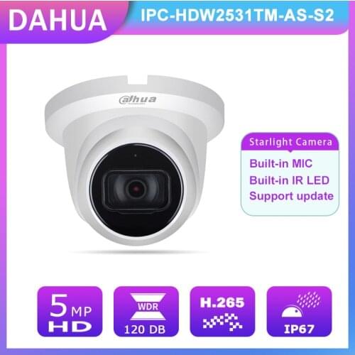 Dahua 5MP IPC-HDW2531TM-AS-S2 IR30m Starlight IP Camera IVS H.265 2.8mm Lens POE CCTV Security Camera With Built-in MIC& IR LED