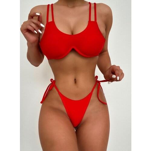 Underwired V-Bra Mini Micro Thong Bikini Women Swimwear Female Swimsuit Solid Bikini set Bather Bathing Suit Swim