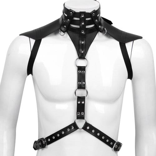 Men Black Faux Leather Harness Belt Metal Rings Male Halter Body Punk Gothic Crop Top Hot Sexy BDSM Bondage Erotic Tanks Costume