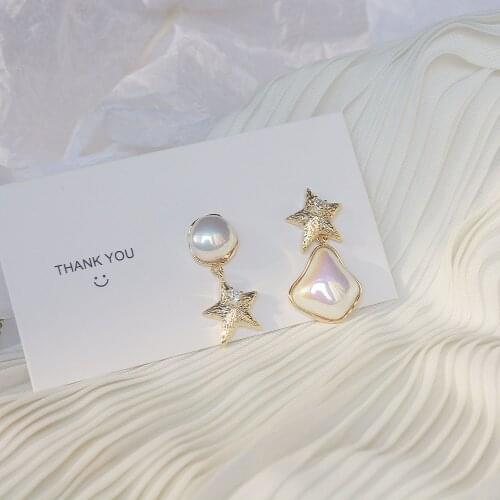 Ins New Luxury Asymmetrical Pearl Five Pointed Star Earrings Exquisite Temperament Ladies Jewelry Bridal Earrings