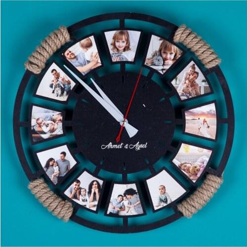 Personalized Wood Rope Decorative 12 Photo Wall Clock