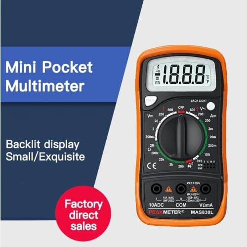MAS830L Mini Handheld LCD Display 2000 counts Multimeter DC Current Tester Backlight Data Hold Continuity Diode