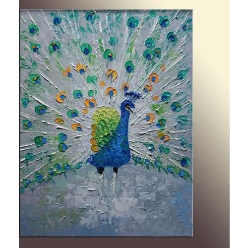 Handmade Abstract Linen Oil Painting Wall Decor Canvas Animal Bird Peacock
