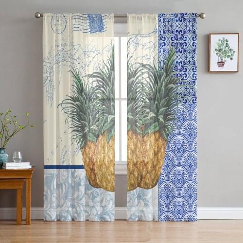 Blue And White Porcelain Texture Pineapple Tulle Curtain Voile Transparent for Bedroom Living Room Kitchen Sheer Window Curtains