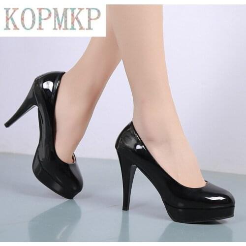 Women Dress Shoes Round Toe Thin Heeled Pumps High Heels Patent Leather Wedding Ladies Zapatos Mujer Slip-On Plus Size 33-43