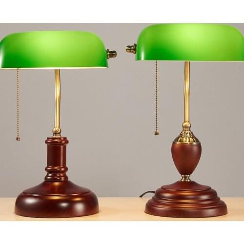 Vintage Wooden Table Lamp Green Glass Office LED Desk Lamp Learn To Read Lamps Table Student Learning Decoration Luminaria