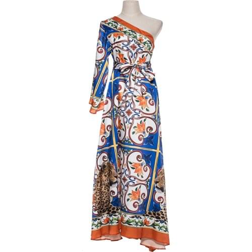 Vintage Irregular Dress Print 2020 Spring Fashion One-Shoulder Belt Porcelain Animal XXL Printed Loose Long Maxi Dress